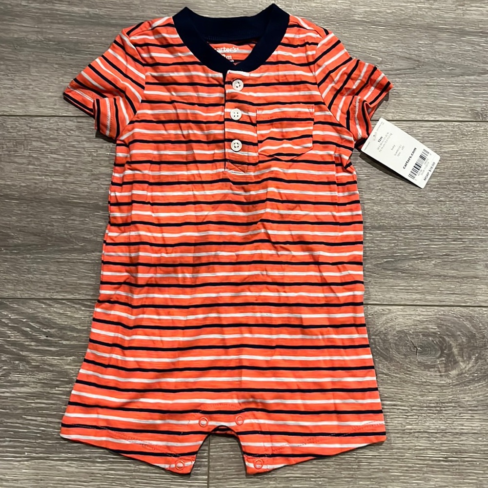 New! Carter’s Orange and Blue Striped Baby Onesie, Snaps Short Sleeves Size 12 M